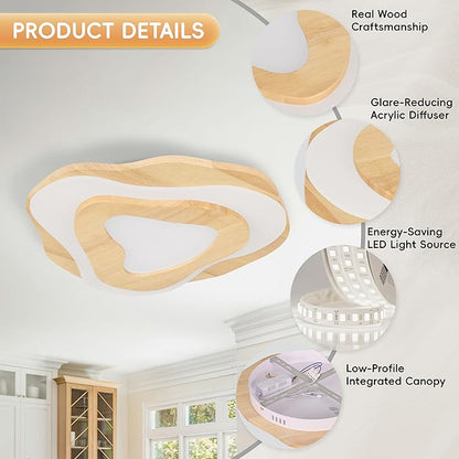 Littleglovo 15.7" Modern Flush Mount LED Chandelier for Dining Room, Natural Wood Petal Energy Chandeliers Ceiling Light for Entryway Bedroom Foyer Kitchen Living Room Bathroom