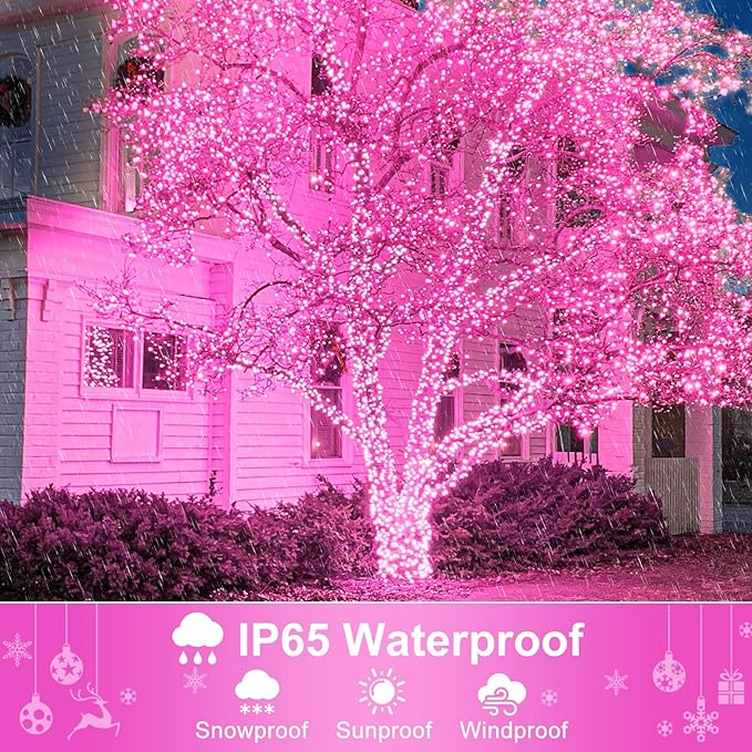 2 Pack Christmas Lights Outdoor, Total 200FT 600LED String Lights for Outside Waterproof with 8 Modes, Green Wire Twinkle Lights for Indoor Room Patio Garden Party Decorations, Pink