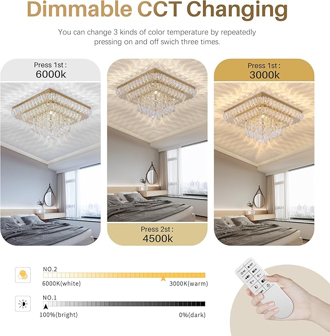 COCOSTAR Crystal Chandeliers, Modern Led Luxury Chandelier, 25" Suqare Flush Mount Chandelier Ceiling Light, Chandeliers for Dining Room, Living Room, Bedroom, Gold