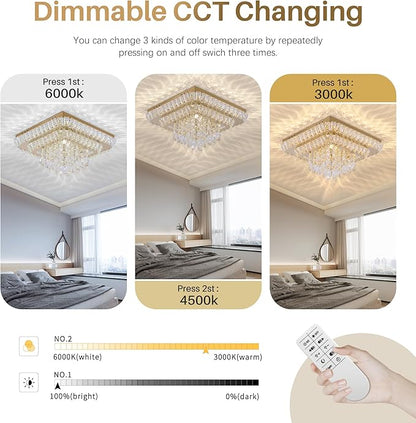 COCOSTAR Crystal Chandeliers, Modern Led Luxury Chandelier, 25" Suqare Flush Mount Chandelier Ceiling Light, Chandeliers for Dining Room, Living Room, Bedroom, Gold