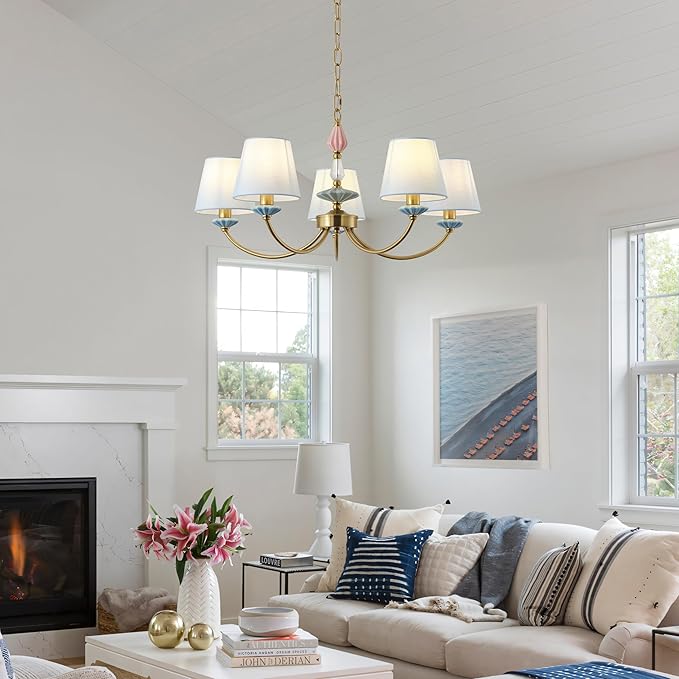 Blue Chandelier for Bedroom Light Fixture, Brushed Gold Art Deco Chandelier with Fabric Shade,Antique Modern Chandeliers paired with Ceramic for Girls Bedroom，Living Room，Dining Room