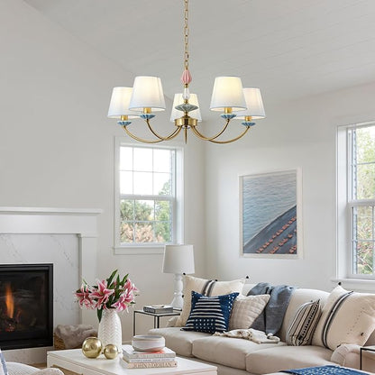 Blue Chandelier for Bedroom Light Fixture, Brushed Gold Art Deco Chandelier with Fabric Shade,Antique Modern Chandeliers paired with Ceramic for Girls Bedroom，Living Room，Dining Room