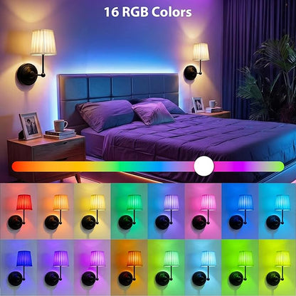 Battery Operated Wall Sconces Set of 2, Black Rechargeable Wall Lights with 10000mAh RGB Dimmable Magnetic Bulbs and Remote,16 Colors Cordless Wall Lamps for Bedroom Living Room Hallway Decor