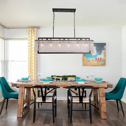 Modern Black Crystal Chandelier for Dining Room, 42" Hanging Light Fixture,Water Ripple Glass Design, Adjustable Height, Rectangle Chandelier for Living Room Kitchen Island