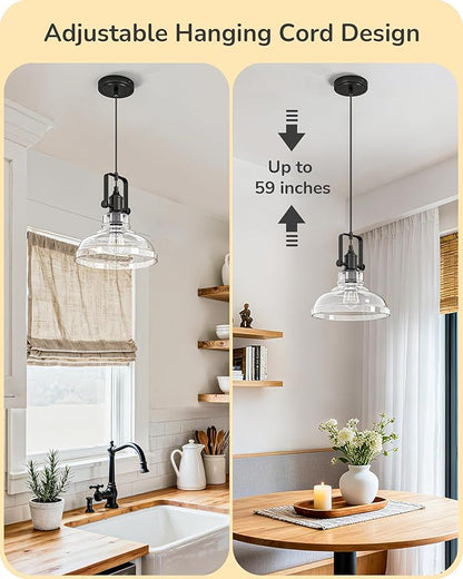 EDISHINE Farmhouse Pendant Lights Kitchen Island, Clear Seeded Glass Shade Hanging Light with Matte Black Finish, Modern Pendant Light Fixtures with Open Shade, Over Island Bar,E26 Base