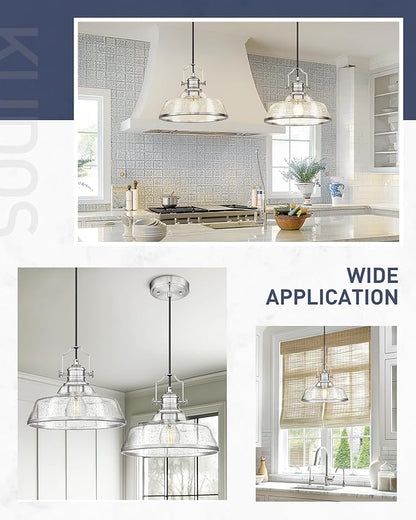 kudos Brushed Nickel Pendant Lights Kitchen Island, Large Pendant Light with Seeded Glass, Industrial Hanging Lighting for Kitchen Sink Dining Room Bathroom,KDPL13-BN-S