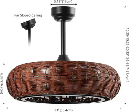 JONATHAN Y 23" Black 6-Light Modern Bohemian Ceiling Fan with Lights, 6-Speed Remote and App Control, Height Adjustable LED Lantern with Dark Brown Rattan Shade for Living Room JYL9728A