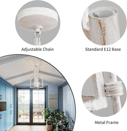 4-Light Chandeliers, Farmhouse White Chandelier for Dining Room Light Fixtures, Lantern Metal Kitchen Pendant Light Fixtures, Rustic Cage Chandelier for Bedroom Living Room Kitchen Island Hallway
