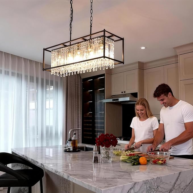 Modern Black Crystal Chandeliers For Dining Room, 42" Large Rectangle Water Ripple Glass Pendant Elegant Linear Lighting for Kitchen Island Dining Room LivingRoom Flat Inclined Ceiling,L42 x W11 x H19