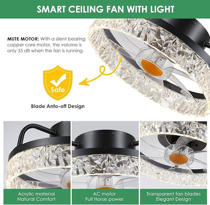 Mpayel 13" Ceiling Fans with Lights and Remote - Flush Mount Low Profile Ceiling Fans - Bladeless Enclosed Fans with Led Light and Stepless Dimming, Small Modern Fan for Bedroom