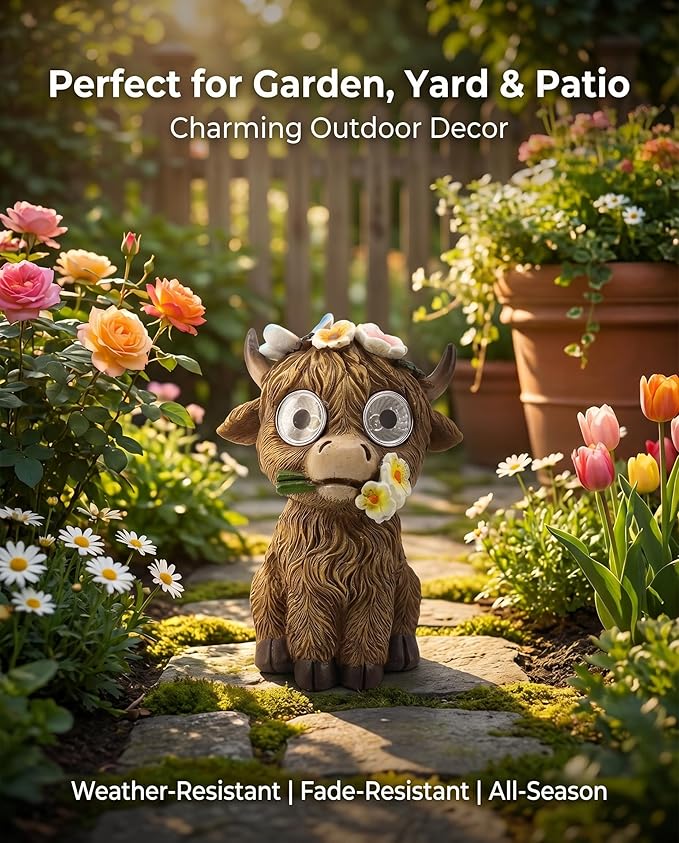 iStatue Solar Highland Cow Garden Statue with LED Light – Cute Resin Cow Figurine Outdoor Yard Decor, Waterproof Lawn Ornament, Gift for Women Mom Garden Lovers (4-Pack)