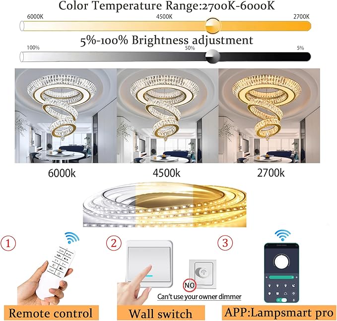 Led 32'' Gold Ring Chandelier,Modern Luxury Crystal Chandelier for Dining Living Room 3-Tier Raindrop Chandeliers Lighting LED 3000-6000K Infinity Dimmable