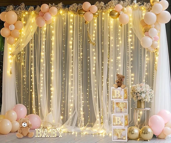Champagne Tulle Backdrop Curtain with Lights String for Parites Wedding 5x8ft Champagne Sheer Backdrop Curtains for Bridal Shower Baby Shower Birthday Party Photo Booth Background Decorations