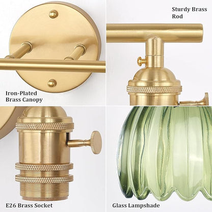 Shenmoyl Bathroom Light Fixtures, 2-Light Brass Vanity wall Light Over Mirror with Green Tulip Glass Shade for Bedroom Living Room (Bulb Not Included)