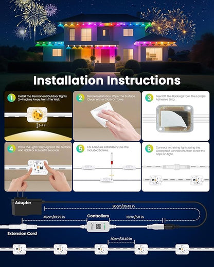 KISUFU 100FT Permanent Outdoor Lights for House, 24V Smart Outside Lights with 221 Modes, App & Remote Control, IP68 Waterproof, Year-Round Roof & Eaves Lighting for Valentine, Holidays (100FT)
