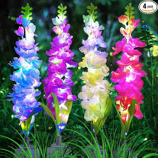 MRHEPHAESTUS Solar Garden Lights, Solar Delphinium Flowers Lights 4 Pack 80 LEDs, Waterproof Outdoor Light Two Lighting Modes for Outside Wedding Party Garden Yard Patio Lawn Decor