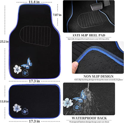 CAR PASS Universal Fit Embroidery Butterfly and Flower Car Floor Mats, Blue Car Floor Mats Fit 95% Automotive,SUVS,Sedan,Vans,for Women,Girly,Set of 4 (Black with Blue)