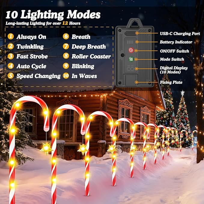 WdtPro 24-Pack Upgraded Solar Christmas Candy Cane Lights, Solar Pathway Lights Waterproof, Christmas Decorations Outdoor with 10 Modes and Bright 144 LED for Yard Garden Lawn Patio Party Decor