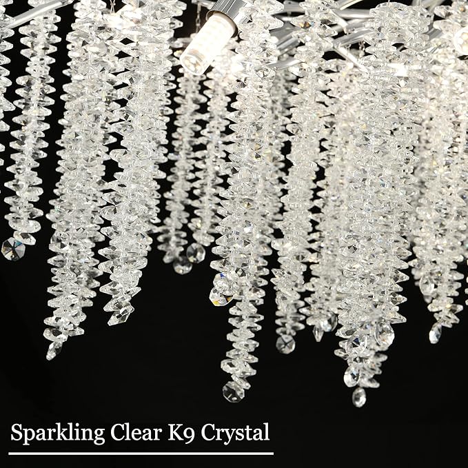 Modern Crystal Tree Branch Chandelier, D23.7'' Silver Round Raindrop Indoor Hanging Pendant Light Fixture for Dining Room Living Room Bedroom 8 Lights