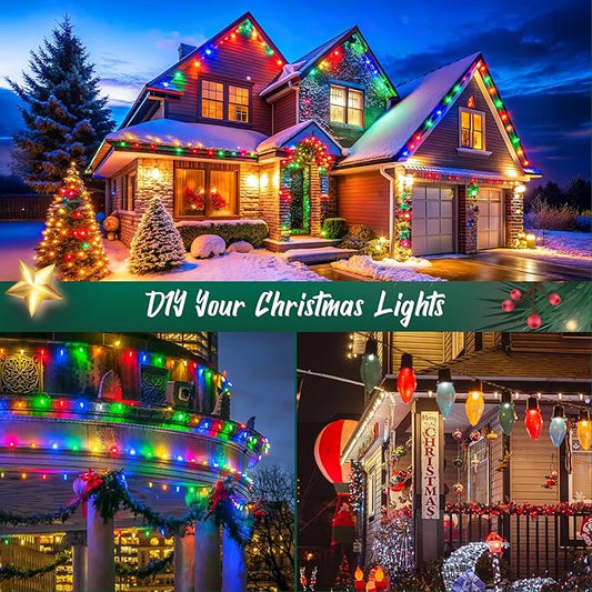C9 Light Strand 100 FT for E17-12 Spacing, Outdoor String Light Christmas Stringer with 100 Sockets for Patio (White)