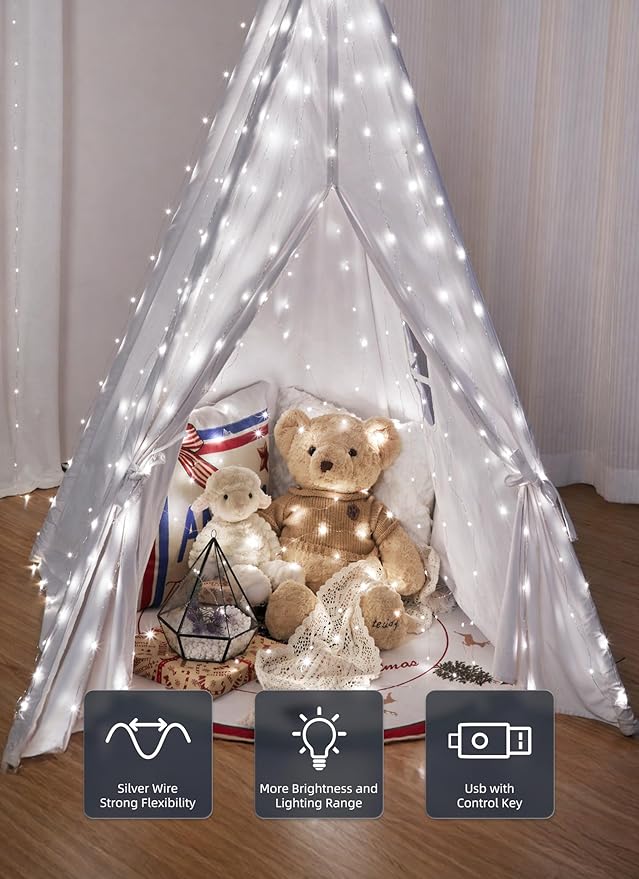 Brightown 300 LED Fairy Curtain Lights, 9.8ft x 9.8ft String Lights, USB Plug in 8 Lighting Modes Christmas String Hanging Lights with Remote for Bedroom Indoor Outdoor Party Xmas White 1 Pack