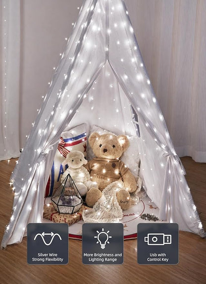 Brightown 300 LED Fairy Curtain Lights, 9.8ft x 9.8ft String Lights, USB Plug in 8 Lighting Modes Christmas String Hanging Lights with Remote for Bedroom Indoor Outdoor Party Xmas White 1 Pack
