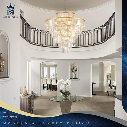 Crystal Chandeliers Large 40" 28 Lights Modern Round Chandelier Luxury Gold 7-Tier K9 Crystal Ceiling Pendant Lighting Fixture for Tall Ceiling Foyer Staircase Living Room