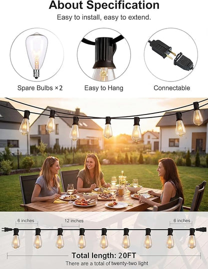 20Ft Outdoor String Lights,Edison Bulb String Lights with 22 Clear Edison Bulbs (2 Spare) UL Listed,Outdoor Patio Lights Waterproof for Outside Patio Backyard Party Deck Yard
