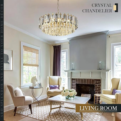 23.6" Modern Crystal Chandelier with Grey Crystal Gold 3-Tier Luxury Pendant Light 12-Light Ceiling Pendant Lighting for Dinning Room Living Room Foyer