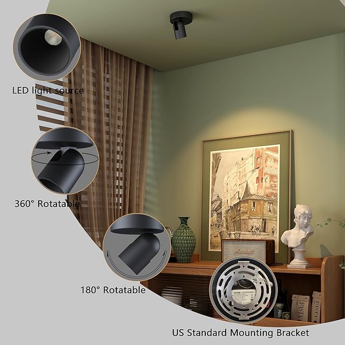Flush Mount Ceiling Spotlight Dimmable Small Indoor Ceiling Light, Adjustable Directional Spotlight for Pictures Living Room Office Hallway - 3000K 11W 25° Flicker Free (Black)