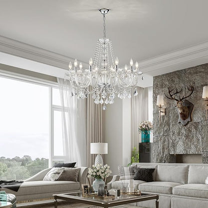 Large Crystal Chandelier, Modern Chrome Crystal Chandeliers for Dining Room Light Fixture, 10-Lights Large Pendant Light Fixtures Luxury Chandelier for Living Room Bedroom Foyer Entryway D26.8''
