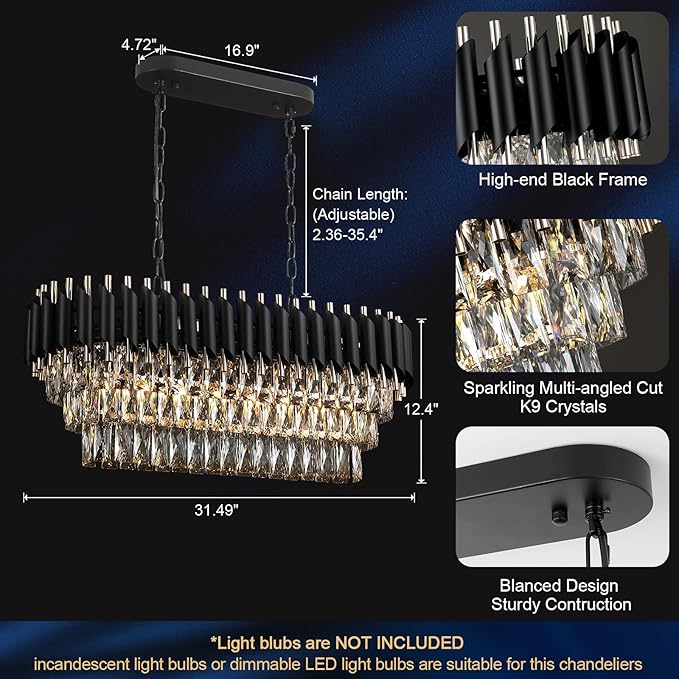 A AXILIXI Modern Rectangular Chandelier Black and Gold Crystal Chandeliers for Dining Room Linear Ceiling Pendant Light Long 32” Luxury Oval Chandelier 8 Lights for Kitchen Island Living Room