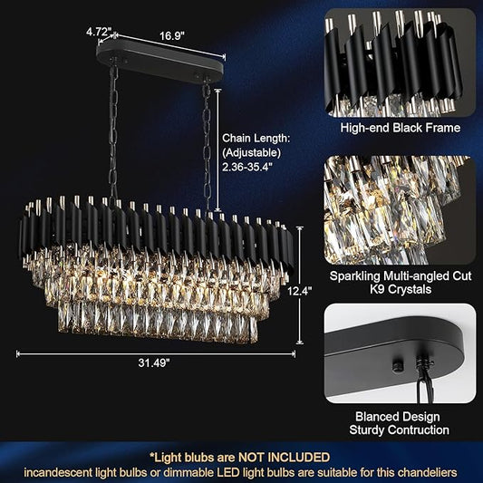 A AXILIXI Modern Rectangular Chandelier Black and Gold Crystal Chandeliers for Dining Room Linear Ceiling Pendant Light Long 32” Luxury Oval Chandelier 8 Lights for Kitchen Island Living Room
