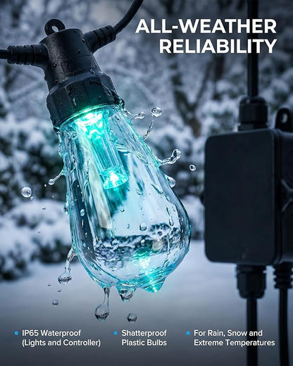 Smart RGB Outdoor String Lights, Color Changing Patio Lights with 21-Key RF Remote and Bluetooth App, IP65 Waterproof Music Sync LED Hanging Lights for Backyard Party Holiday Decor, 100FT (50FT*2)