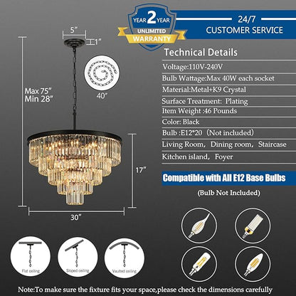 Crystal Chandeliers for Dining Room Lights Fixture Over Table, 20 Lights Black Modern Chandeliers for Living Room, 5-Tier Round Crystal Lighting Fixtures for Bedroom Entryway Kitchen Island D30 Inch