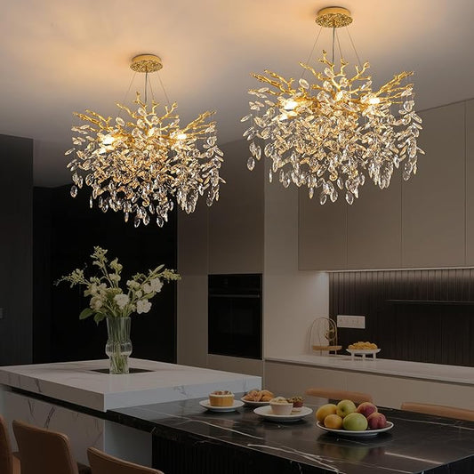 Tree Branch Chandelier Modern Crystal Pendant Light, Luxury Gold Art Deco Raindrop Lighting Fixture for Dining Room Bedroom Living Room 6 Lights D18''