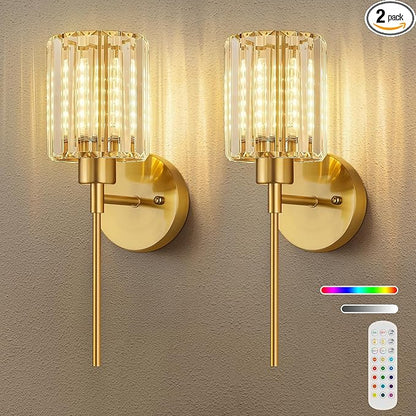 Crystal Battery Operated Wall Sconces, Brushed Gold Rechargeable Wireless Wall Sconce Lights with Dimmable Bulbs and Remote, 12 Colors and 3CCT Dimmable Crystal Lamps for Living Bedroom, 3000~6000K