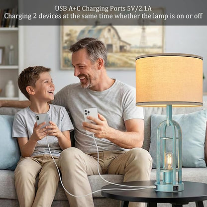 SRJJA Table Lamps for Living Room Set of 2 - Modern Farmhouse Lamps for Night Stands with Night Light & USB A+C, 24" Vintage Bedside Lamp for Bedroom, Bulbs Included