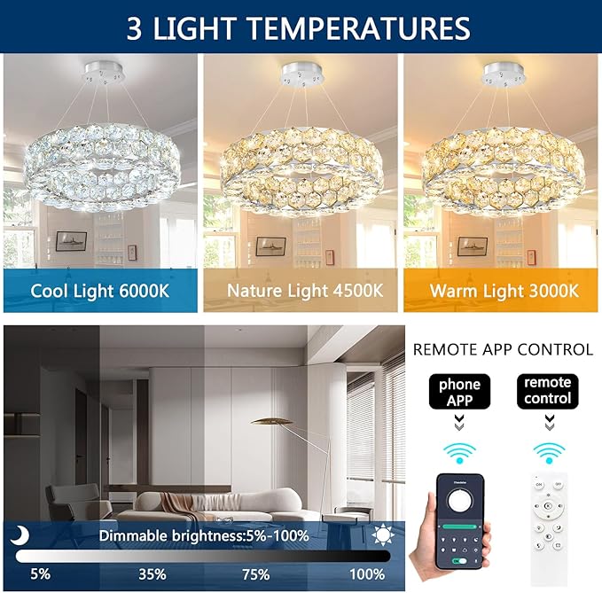 Crystal Chandeliers Modern Rings Pendant Light LED Dimmable Ceiling Light for Bedroom Dinning Room Kitchen Silver