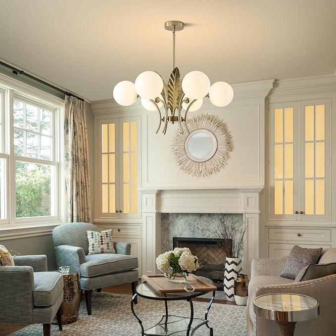BOKT Mid Century Milk Glass Chandelier Gold G9 Ceiling Chandelier Light Industrial Metal Adjustable Pendant Lighting Farmhouse Large Globe Flush Mount Light Fixture for Dining Room Kitchen Indoor