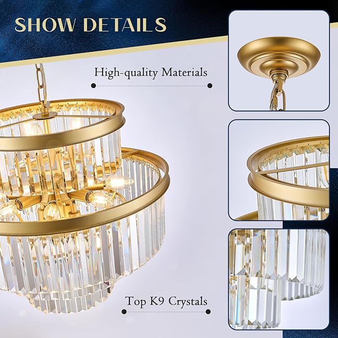 Modern Gold Crystal Chandeliers 15 Lights 4-Tier Luxury K9 Crystal Lighting 22" Round Ceiling Pendant Light Fixture for Living Room Dining Room Bedroom Kitchen Foyer