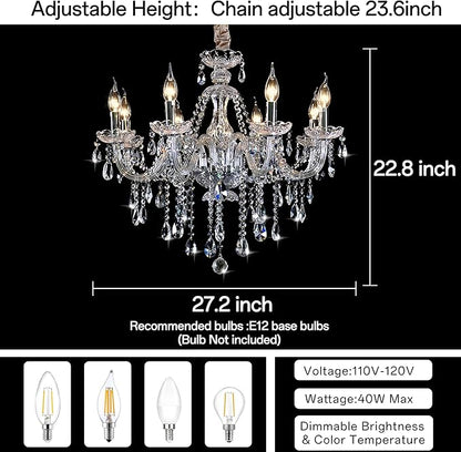 Bagood Clear 8 Lights K9 Crystal Candle Chandeliers Lighting Modern Pendant Lights Ceiling Fixture Lamp for Dining Living Room Bedroom Entry Elegant Decoration E12 Base, H20.5 x W28.3 Inch