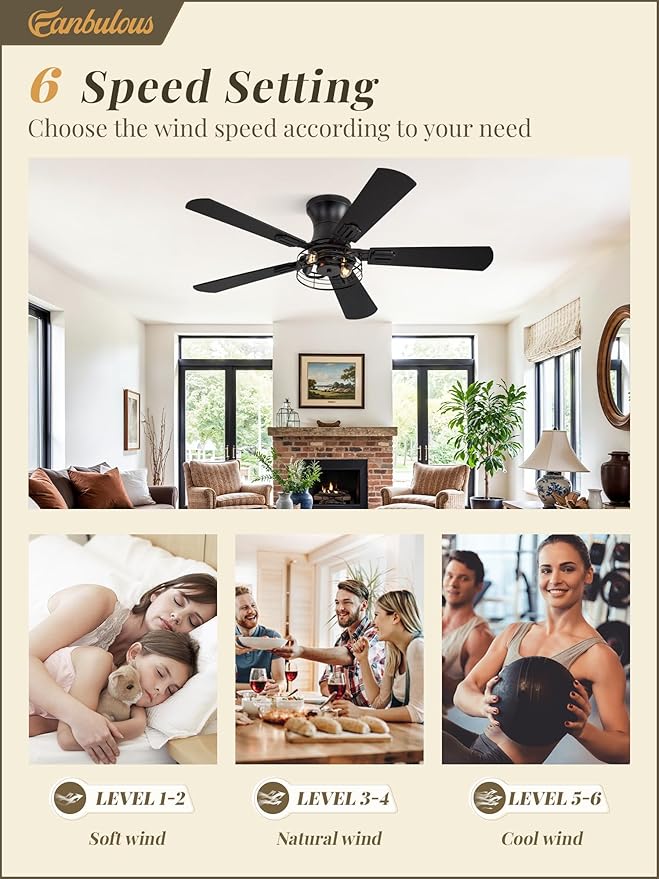 2 Pack Flush Mount 42 Inch Farmhouse Ceiling Fan with Light, Caged Ceiling Fans for Bedroom Living Room, Double-Sided 5 Blades Rustic Ceiling Fan-Black