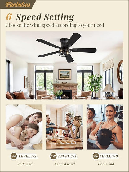 1 Pack Flush Mount 42 Inch Farmhouse Ceiling Fan with Light, Caged Ceiling Fans for Bedroom Living Room, Double-Sided 5 Blades Rustic Ceiling Fan-Black