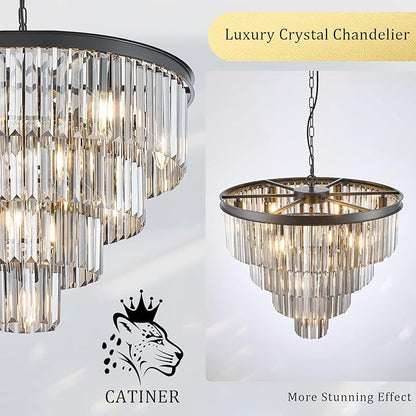 CATINER 24”Modern Black Crystal Chandeliers Ceiling Round Smoke Gray Crystal Chandelier Luxury 4-Tier 12 Lights Pendant Light Fixture Contemporary for Dining Room Foyer Staircase Living Room