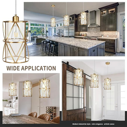Brushed Gold Pendant Light, 7"×10" Dual-Shade Kitchen Island Lighting with Clear Glass Shade, E26 Adjustable Height 1"-61", UL Listed, for Dining Room Foyer Entryway — Bulbs Not Included