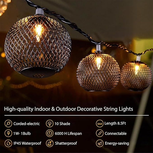 Decorative Lantern String Lights Plug in with 10 Black Metal Ball, Connectable Waterproof Outdoor Decorative String Lights Indoor for Bedroom Patio Pergola Decor
