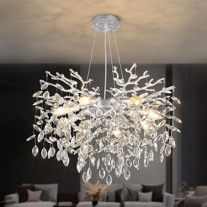 EGM 24-Inch Modern Crystal Chandeliers for Living Room, Silver Crystal Chandeliers for Dining Room, 8-Light Modern Raindrop Leaf Chandelier for Bedroom, Babyroom, E12