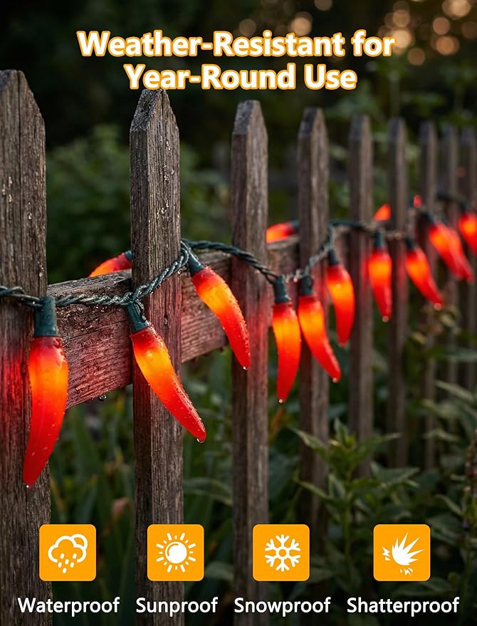 35 LED Red Chili Pepper Christmas Lights, 13.6Ft Outdoor String Lights with Warm White Bulbs, Plug in Fairy Lights for Indoor Party Kitchen Patio Garden Decor, Cook Off Decorations for Cinco De Mayo