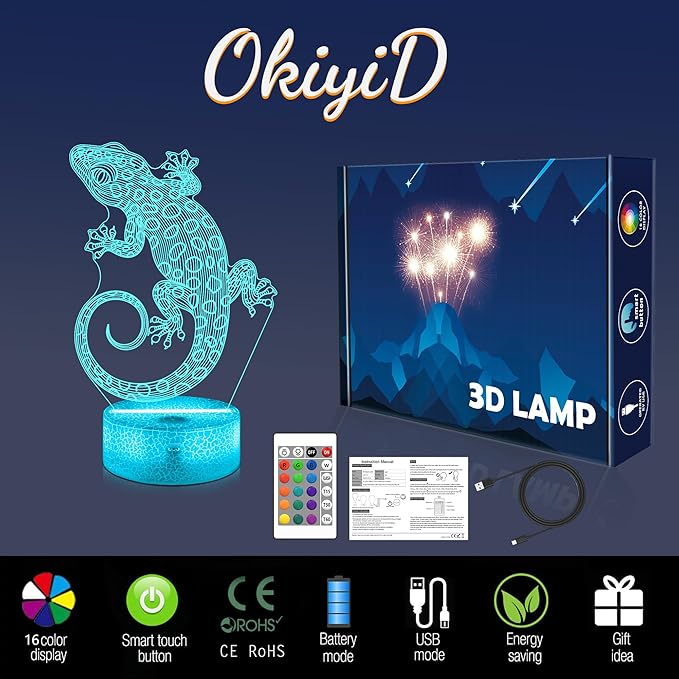 OkiyiD Leopard Gecko 3D Illusion Lamp - 16 Color Night Light with Remote, Gecko Reptile Tank Accessory Decor, Lizard Habitat Decor Gifts for Reptile Lovers Boys & Girls
